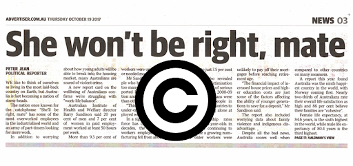 Composite image of a copyright symbol and article from The Advertiser newspaper