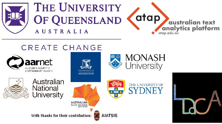 Slide: 1 Project Team(alphabetical order) Michael D’Silva Marco Fahmi Leah Gustafson Michael Haugh Cale Johnstone Kathrin Kaiser Sara King Marco La Rosa Mel Mistica Simon Musgrave Joel Nothman Moises Sacal Martin Schweinberger PT Sefton With thanks for their contribution: Partner Institutions: