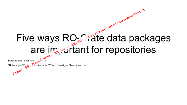 Slide: 2 Five ways RO-Crate data packages are important for repositories :: Peter Sefton*, Stian Soiland-Reyes** :: :: *University of Queensland, Australia; **The University of Manchester, UK :: :: :: Time: 05/June/2024: 11:00 - 12:30 · Location: Drottningporten 1 ::