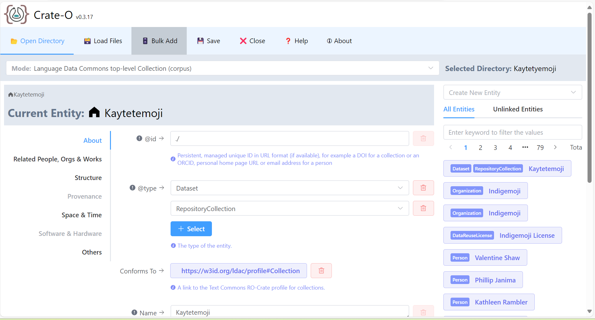 Crate-O is an online editor that allows you to build and edit RO-Crates. Browser-based editor Crate-O with the Kaytetyemoji crate loaded.