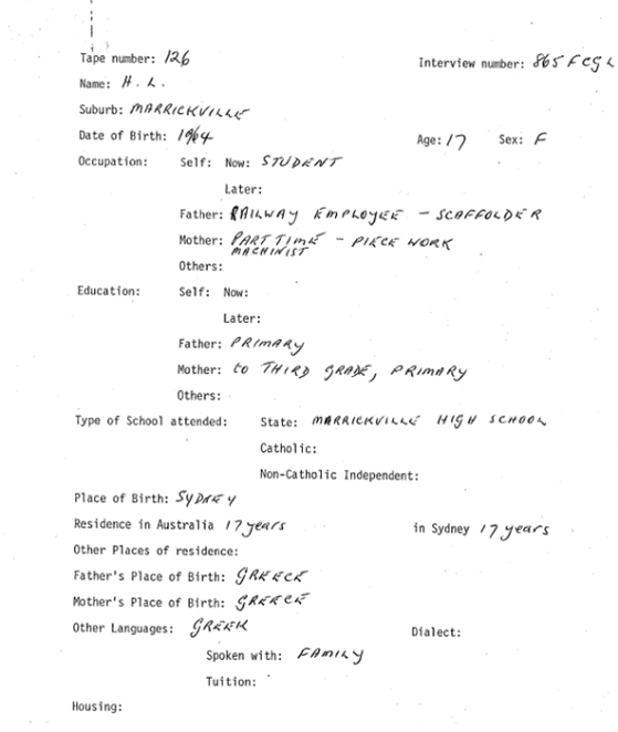 Sample demographic information: Sydney Social Dialect Survey Sample demographic information: Sydney Social Dialect Survey