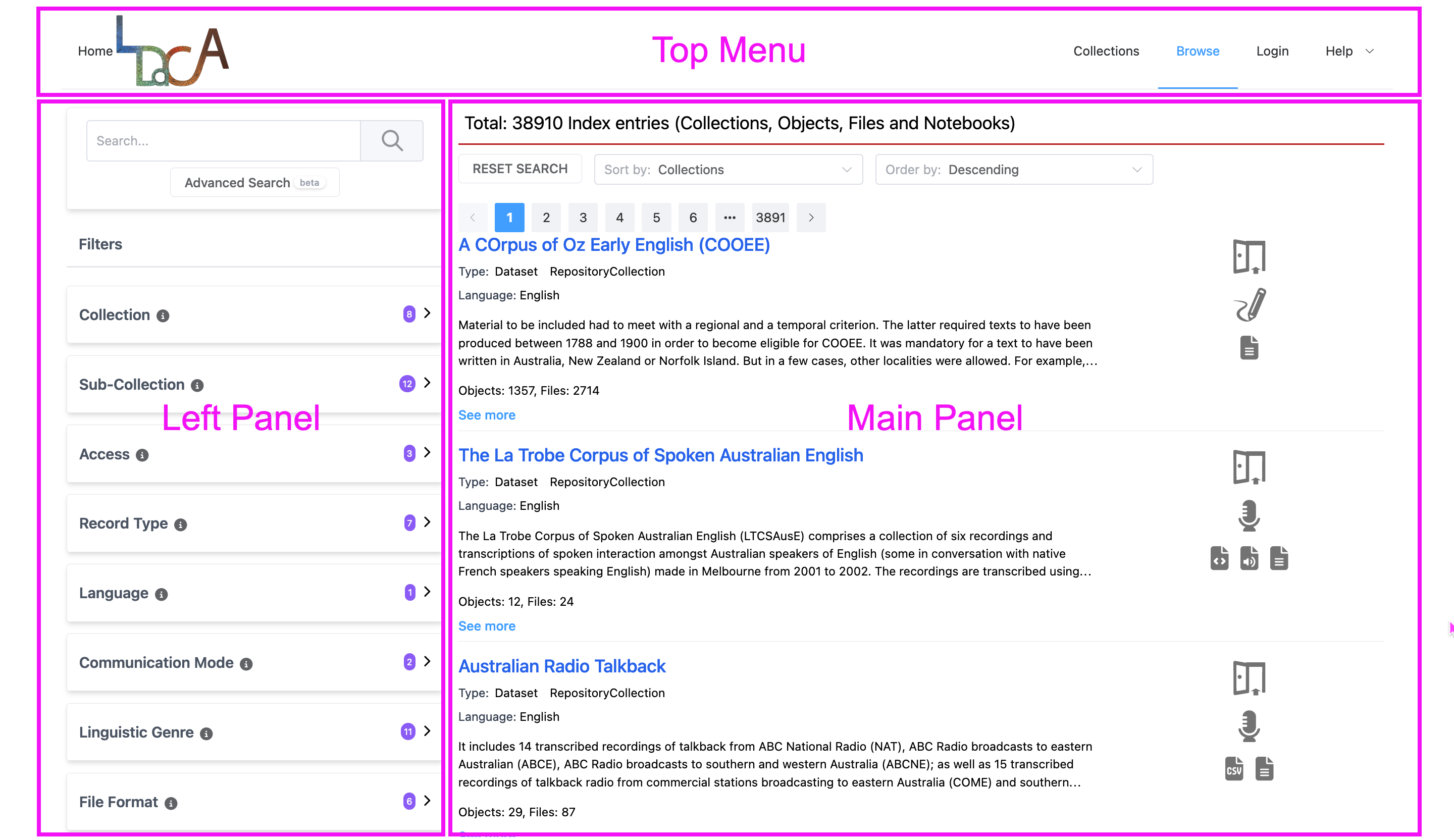 Home Page: Top Menu, Left Panel and Main Panel sections Home Page: Top Menu, Left Panel and Main Panel sections