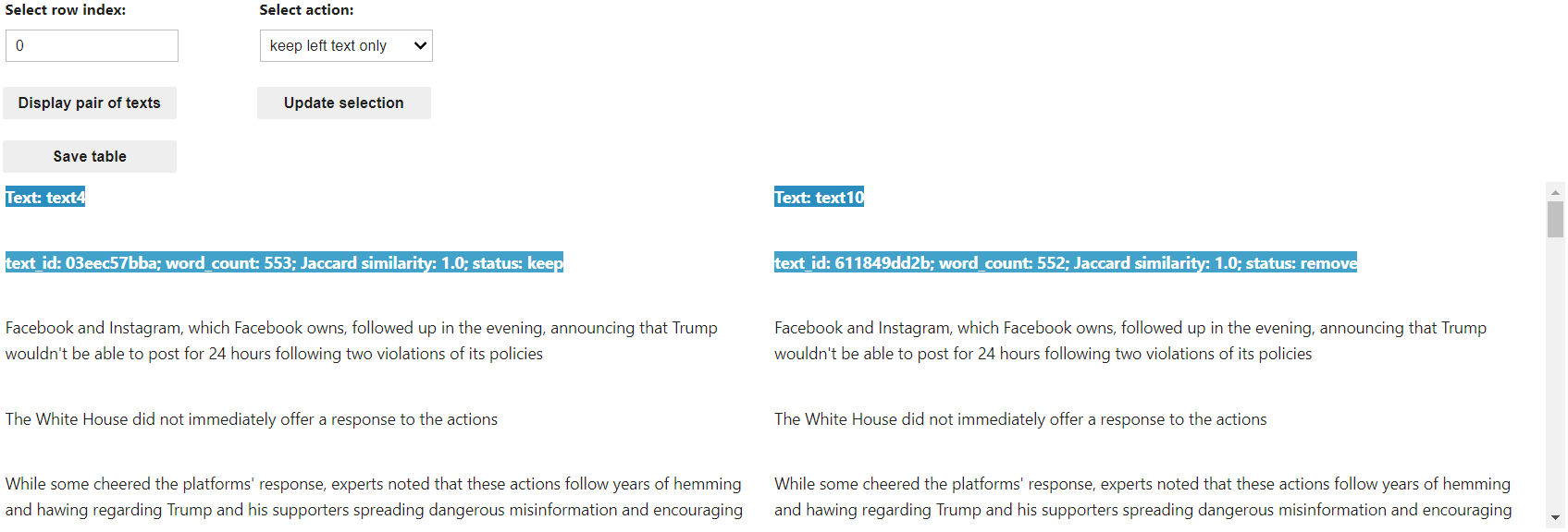 Viewing and comparing each pair of texts in order to adjust the action