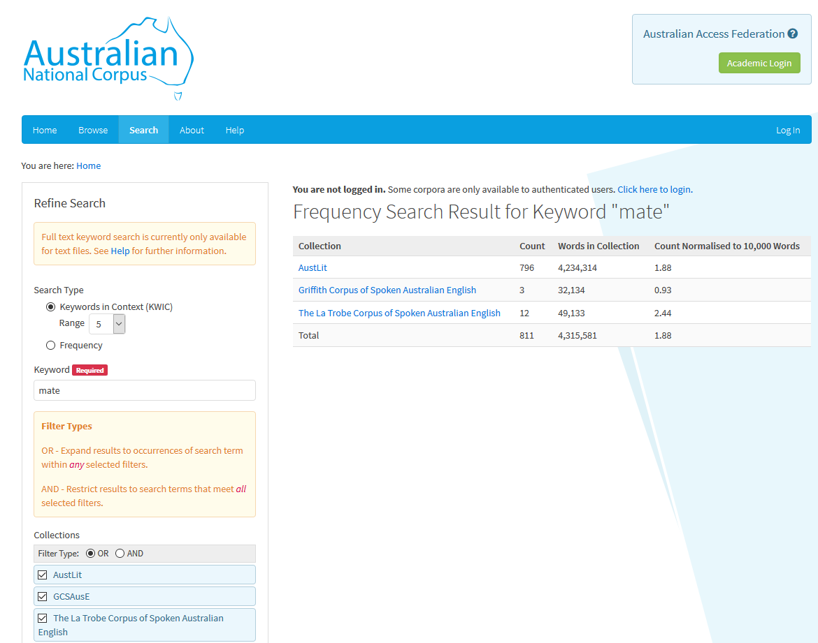 Screenshot of the Australian National Corpus interface showing results of a frequency search.