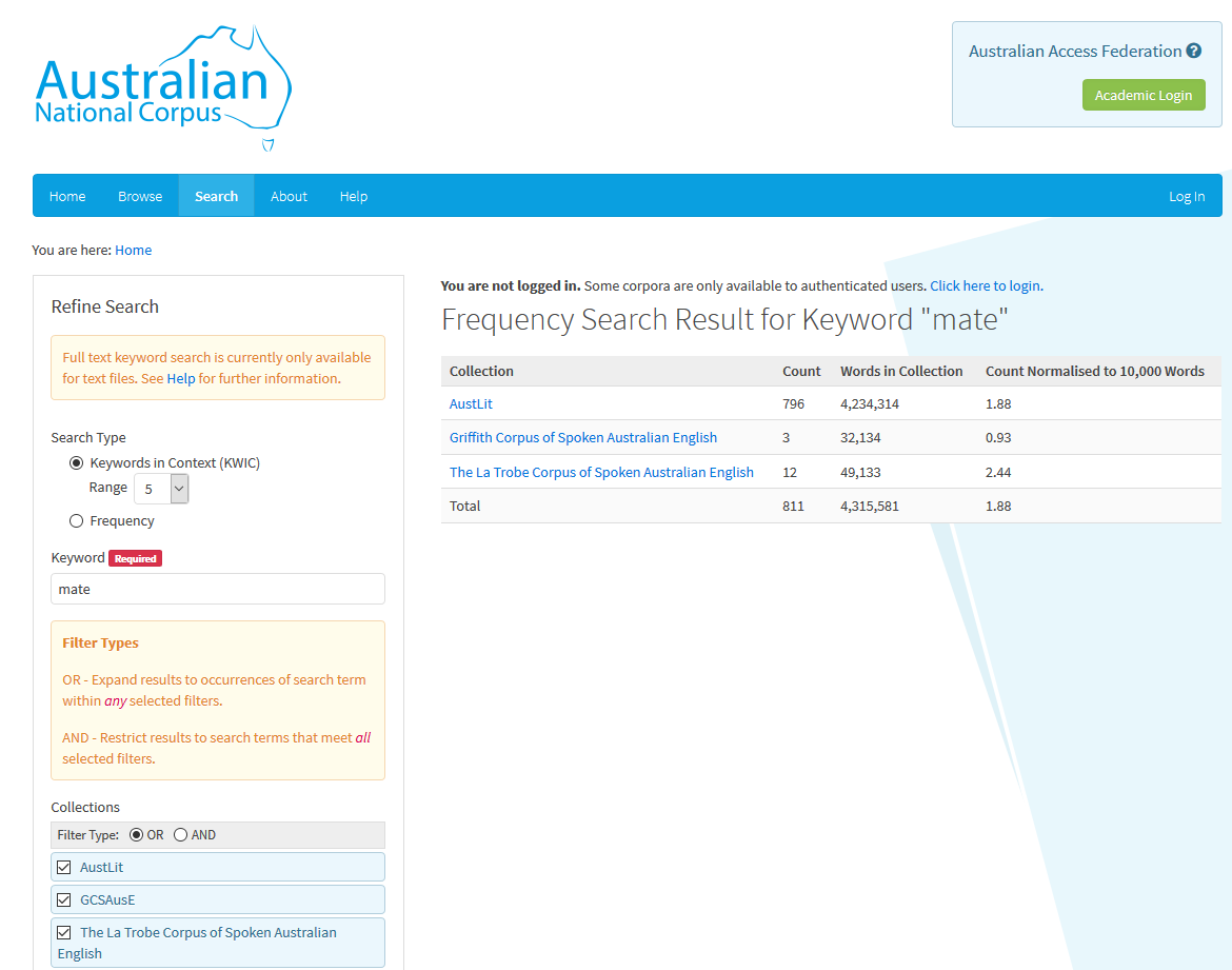 Results of a frequency search in the Australian National Corpus interface. Screenshot of the Australian National Corpus interface showing results of a frequency search.