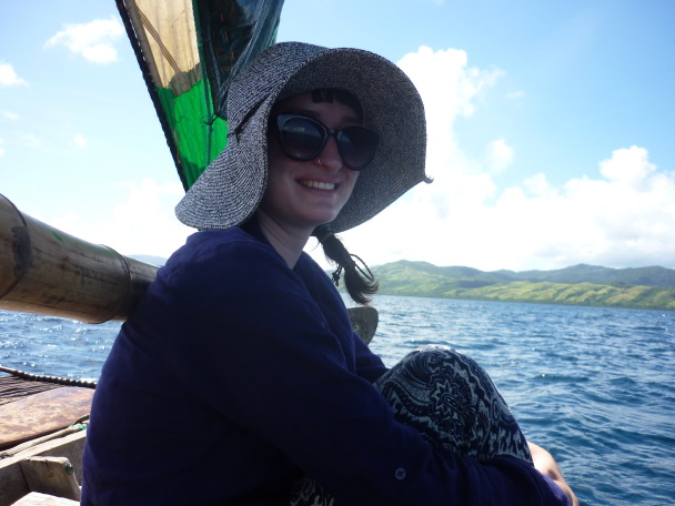 Harriet on an outrigger boat off Vanatɨna Harriet on an outrigger boat off Vanatɨna