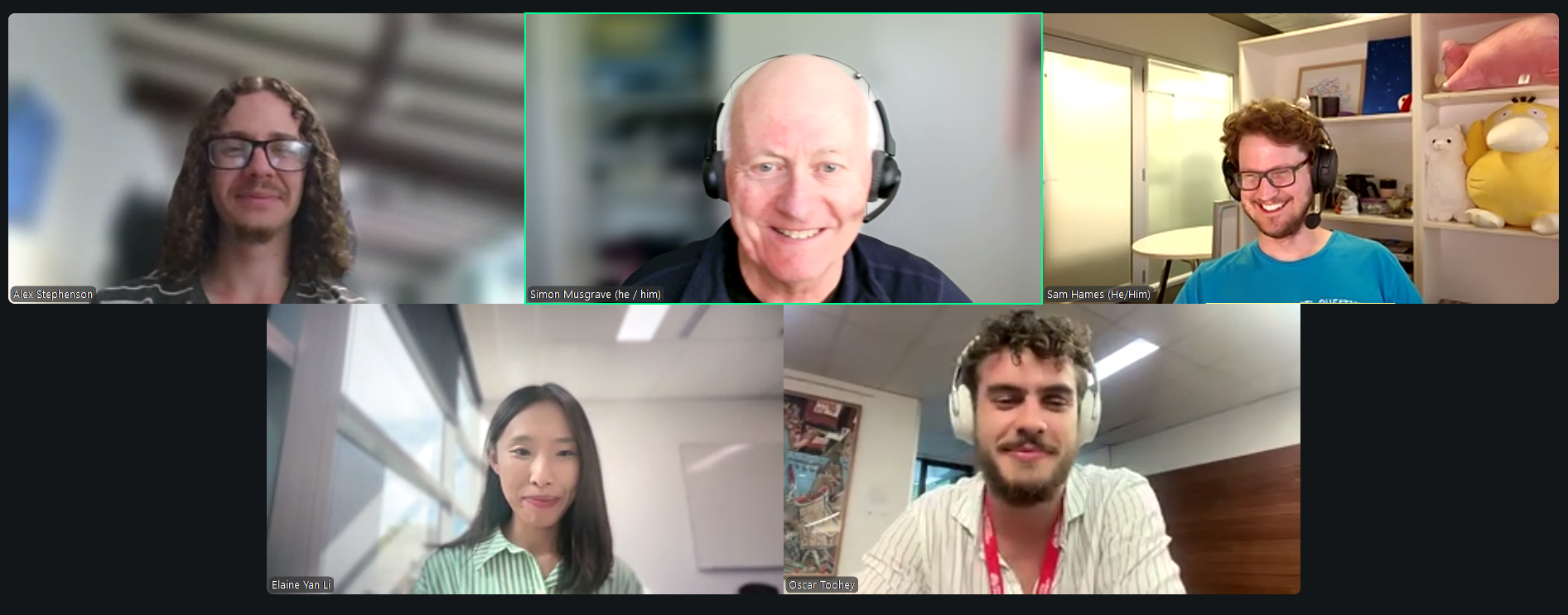 2025 GDRF Participants: Alex, Simon (program leader) and Sam (program leader) (top row), Elaine and Oscar (bottom row) Participants in the 2025 Graduate Digital Research Fellowship program