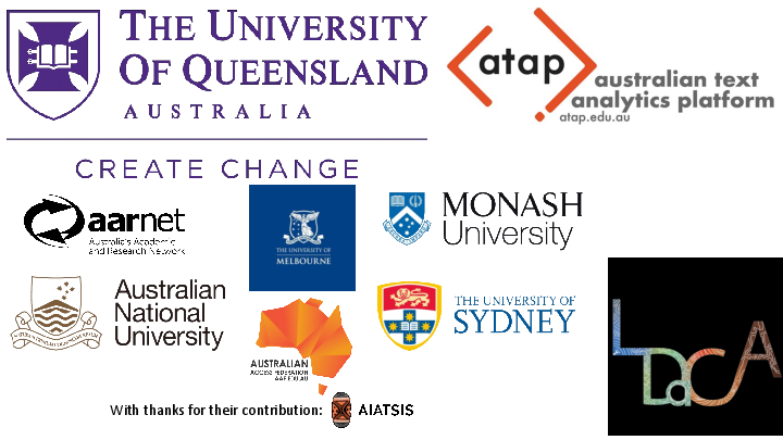 Project Team(alphabetical order) Michael D’Silva  Marco Fahmi Leah Gustafson  Michael Haugh Cale Johnstone  Kathrin Kaiser  Sara King  Marco La Rosa  Mel Mistica  Simon Musgrave  Joel Nothman  Moises Sacal  Martin Schweinberger  PT Sefton   With thanks for their contribution: Partner Institutions: 