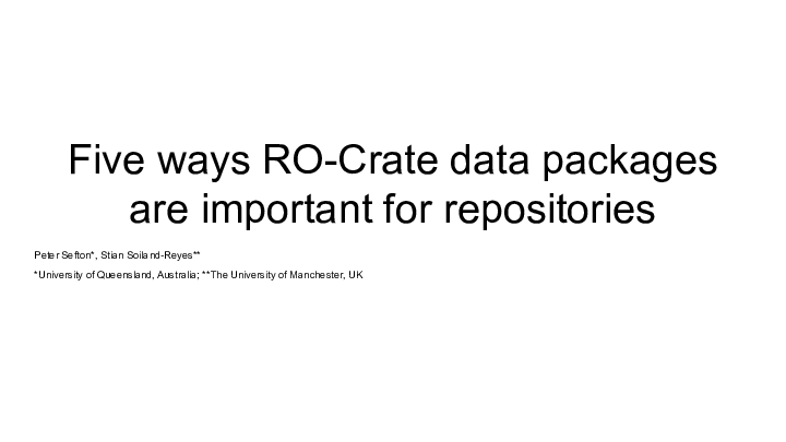 Slide: 0 Five ways RO-Crate data packages are important for repositories :: Peter Sefton*, Stian Soiland-Reyes** :: :: *University of Queensland, Australia; **The University of Manchester, UK :: :: ::