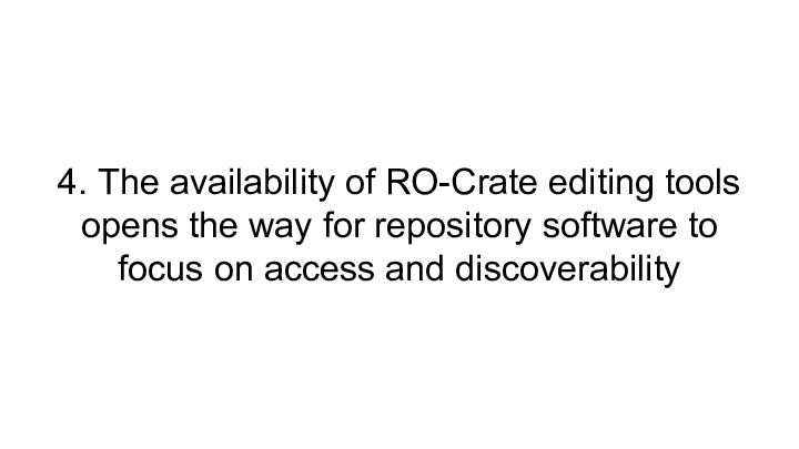 Slide: 14 4. The availability of RO-Crate editing tools opens the way for repository software to focus on access and discoverability ::