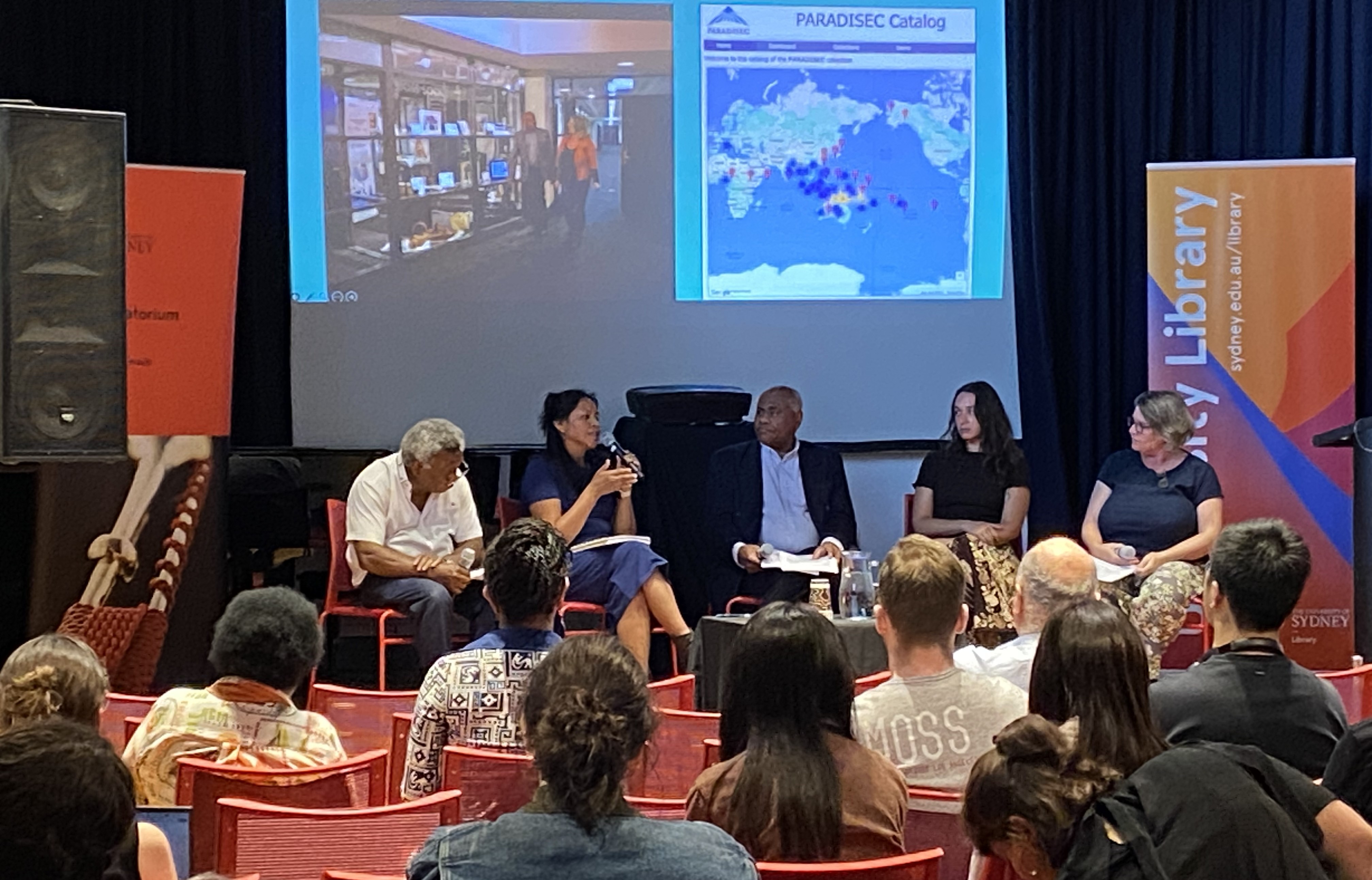 Evelyn Quispe discusses her archival work with the Warlpiri community. Panellists in discussion.