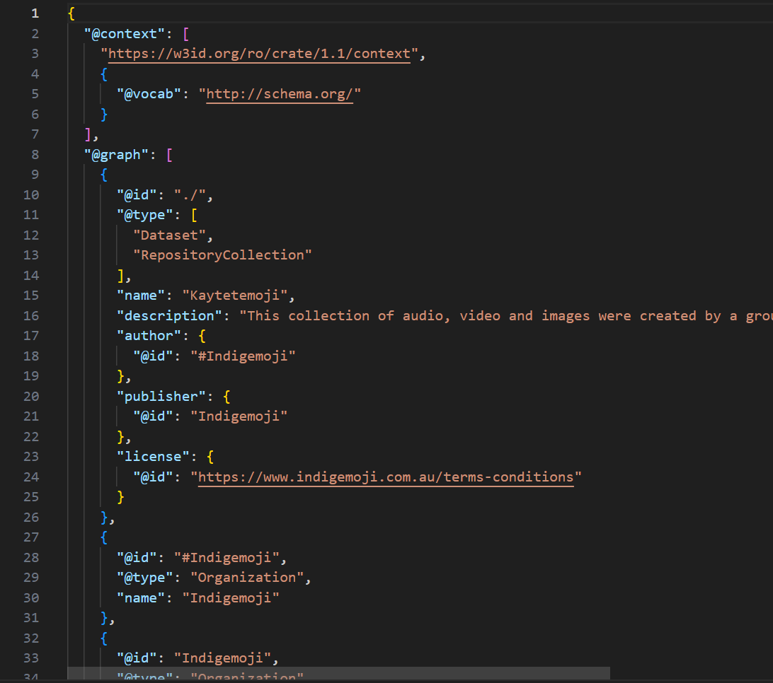 Inside an RO-Crate metadata file, in JSON-LD format. The file also includes a link to a license. Inside an RO-Crate metadata file, in JSON-LD format.