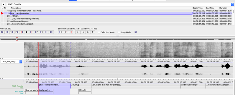 Sample Bicentennial Oral History Project transcript time-aligned in ELAN [BCNT_AEF_032_Camila]