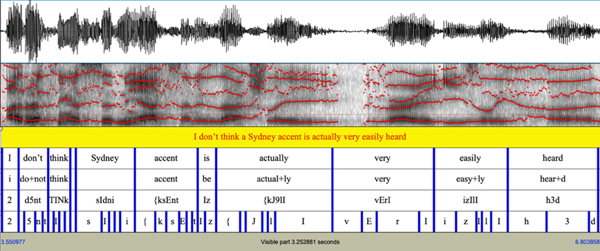 Sample SydS transcript in Praat, downloaded from LaBB-CAT, where it has been automatically aligned at the level of the word and phoneme, and broken down by morpheme [SydS_CYM_061_Mark]