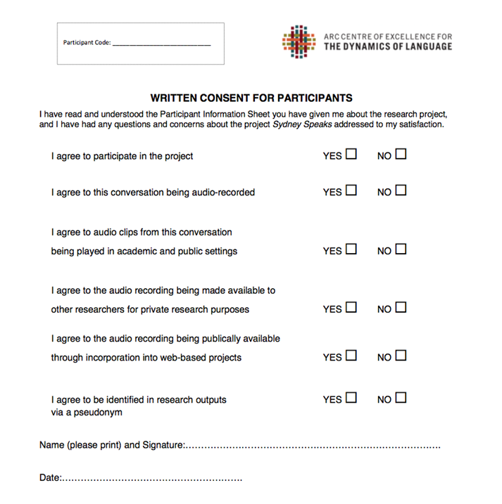 Written consent checklist for Sydney Speaks participants Written consent checklist for Sydney Speaks participants