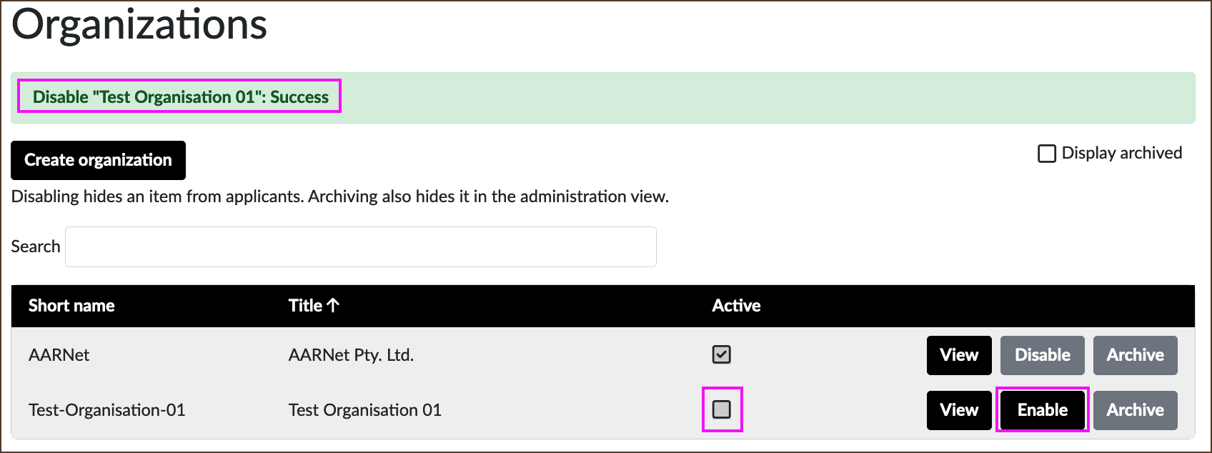 REMS: Organization Disable and Enable Buttons REMS: Organization Disable and Enable Buttons